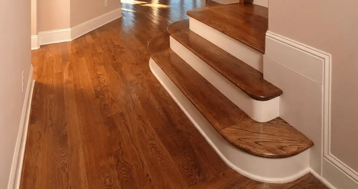 Base floor of a staircase with professionally restored wood flooring in Columbia MO