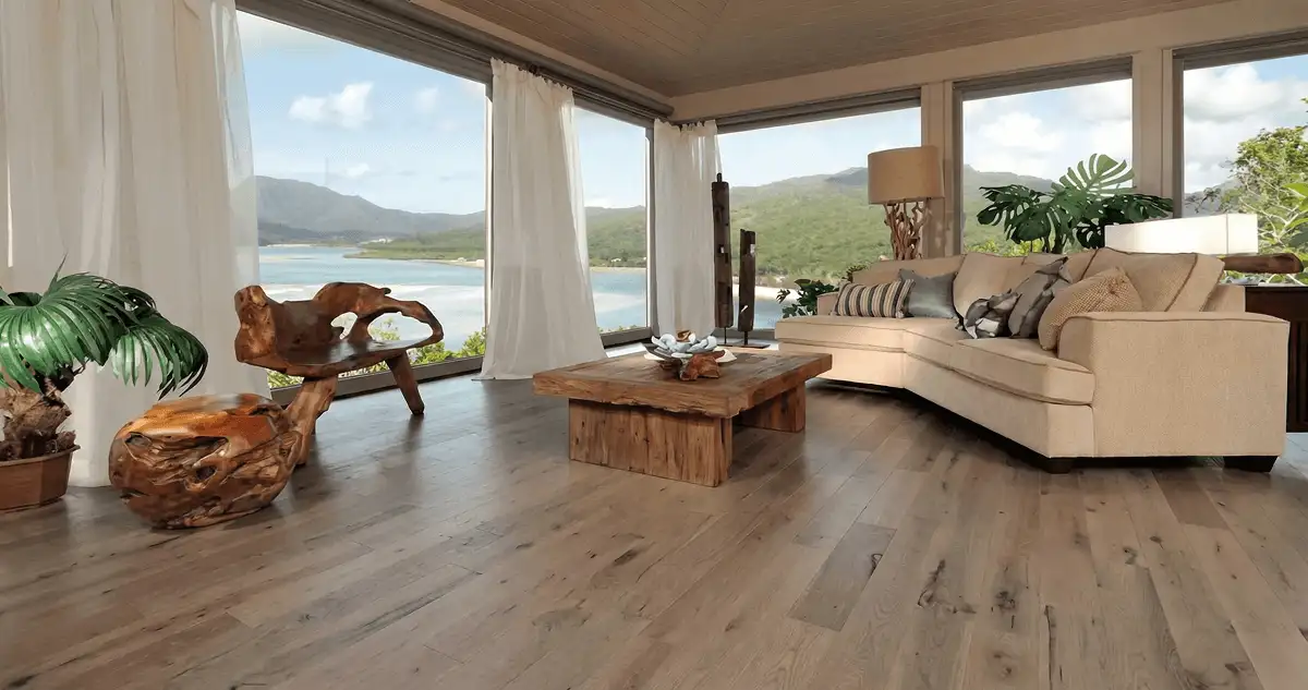 Professionally installed vinyl flooring in a modern living room with large windows in Columbia, MO